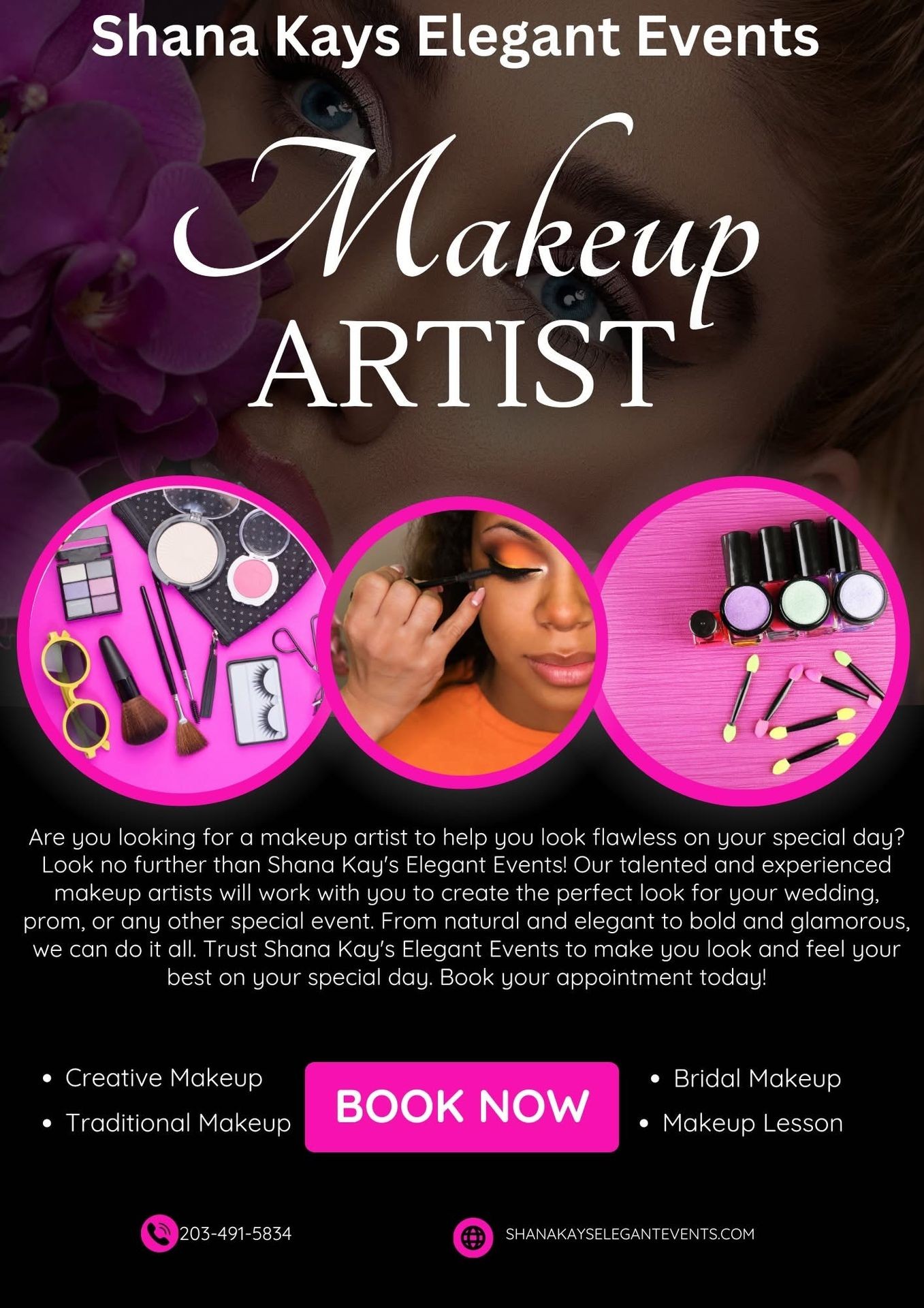 Makeup artist advertisement with makeup products and services offered for special events.