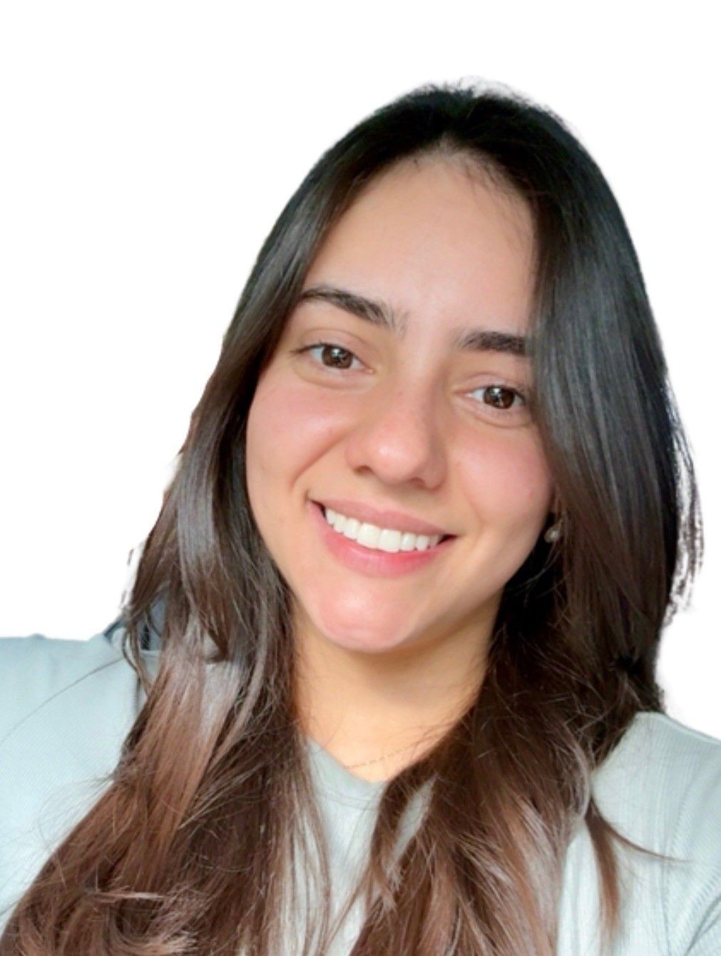 Person with long, dark hair wearing a light-colored top, photographed against a white background.